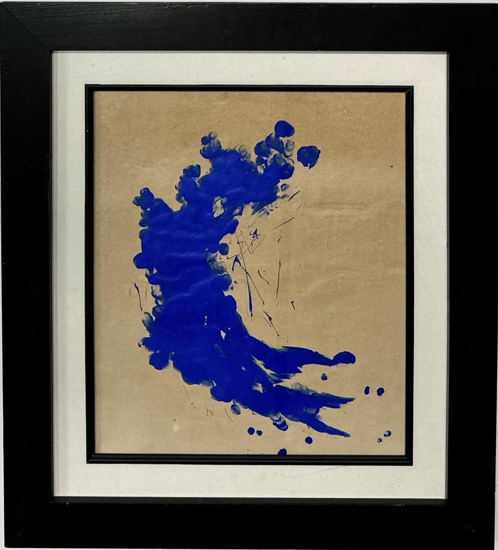 Yves Klein French 1928-1962 Beautiful Blue Pigment on Paper Painting in the style of.: Title: Blue Impression/Medium: Blue Pigment on Paper/Dimensions: 15 x 13 inches/Collection: Private Collection/Framed: Yes/Description: Blue Impression channels the raw intensity and minimalist ethos