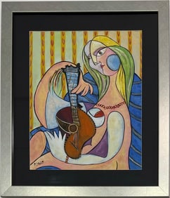 Pablo Picasso Spanish 1881-1973 Gouache On Paper Painting"Serenade in Blue" in the style of. Dali