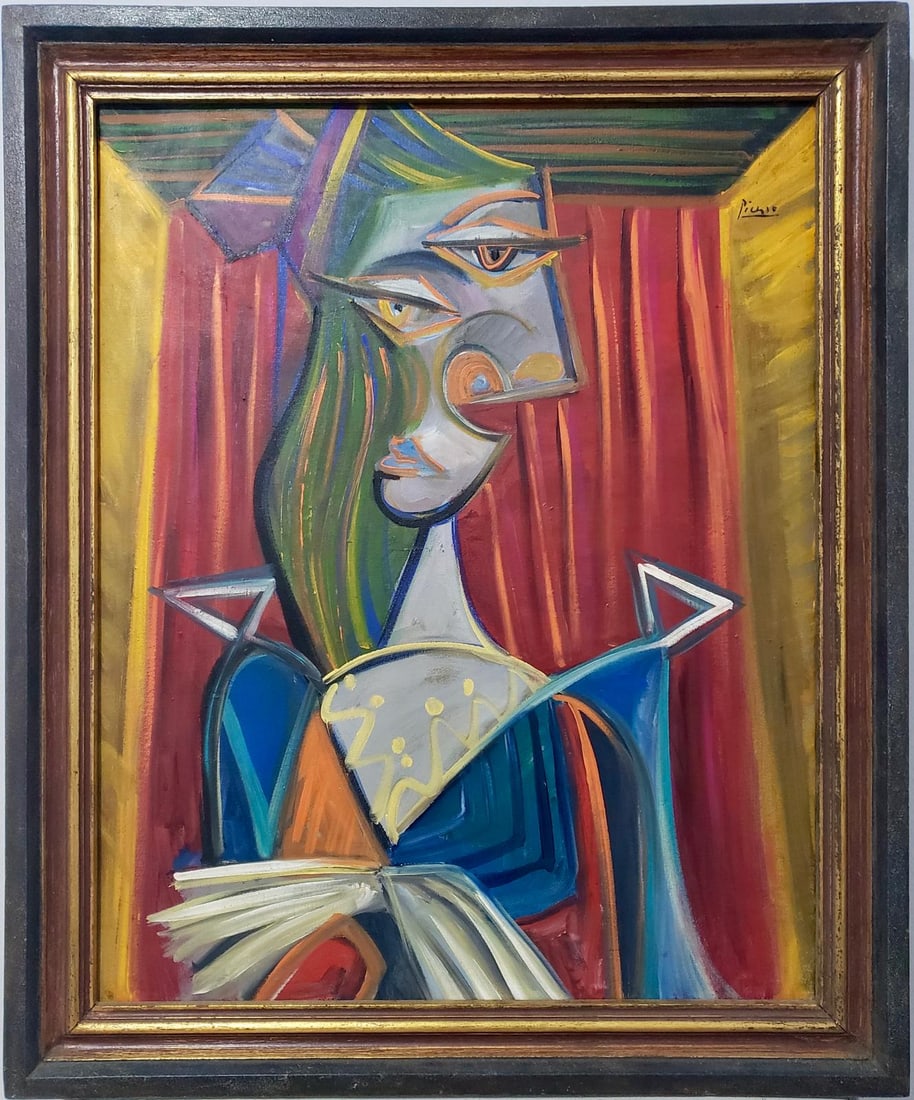 Pablo Picasso Spanish 1881-1973 Oil On Canvas Painting in the style of Elegance Dali Magritte, Era: Title: Fragmented Elegance/Technique: Oil on Canvas/Measures: 26 x 22 inches/Collection: Private collection/Description: "Fragmented Elegance" is a vivid oil painting that captures the abstract portra