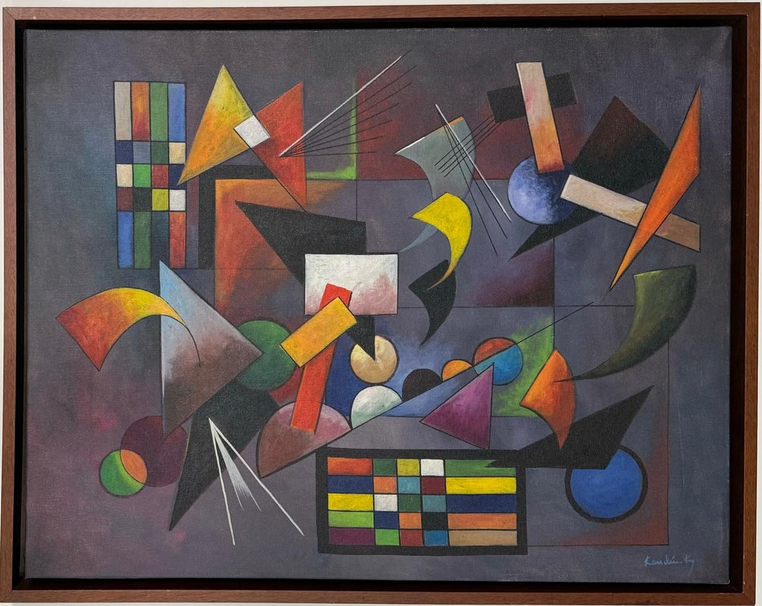 Wassily Kandinsky 1866 - 1944 Oil on Canvas "Harmonic Complexity" in the style of Mondrian Era: Title: Harmonic Complexity/Technique: Oil on Canvas/Measures: 23 x 29 inches/Collection: Private collection/Description: "Harmonic Complexity" is an oil on canvas that masterfully exhibits a dynamic i