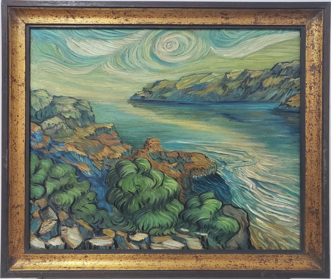 Vincent Van Gogh Dutch 1853-1890 Oil on Canvas painting "Zeegezicht" in the style of Degas Era.: Title: "Zeegezicht" (seascape)Technique: Oil on CanvasMeasures: 20 x 24 inchesCollection: Private collectionDescription: "Zeegezicht" is a captivating oil on canvas that masterfully portrays a rugged 