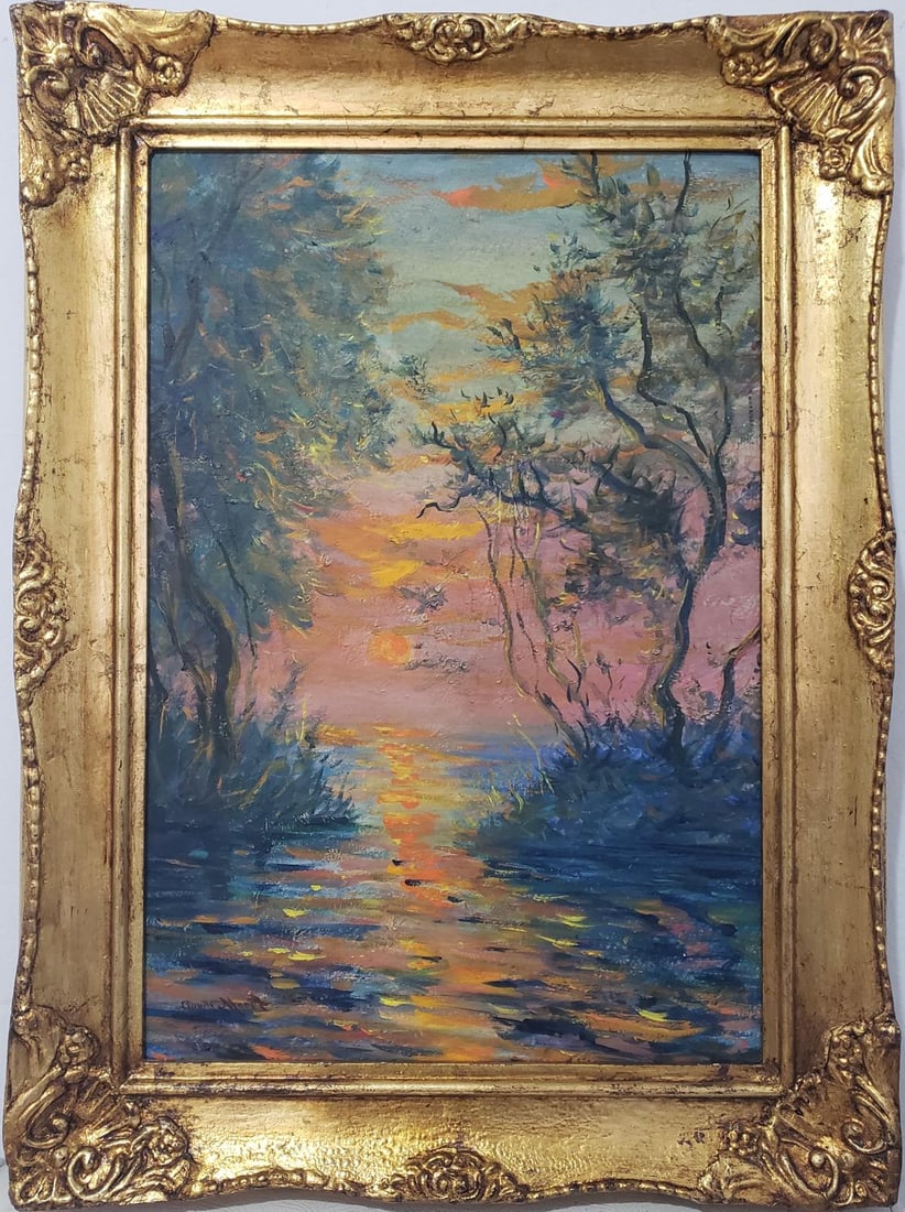 Claude Monet French 1840 - 1926 Oil on canvas Painting in the style of Renoir Degas Manet Era.: Title: Twilight Reflections/Technique: Oil on Canvas/Measures: 24 x 18 inches/Collection: Private collection/Description: "Twilight Reflections" is a compelling oil painting that beautifully captures