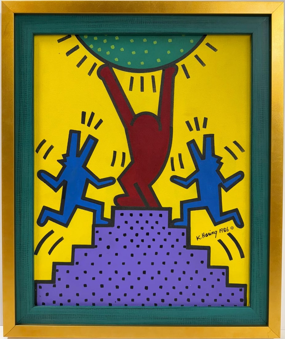 Keith Haring American 1958 - 1990 Acrylic/Canvas In The Style of Warhol Haring Pop Art COA: Title: Jubilant Ascent/Technique: Acrylic on Canvas/Measures: 20 x 16 inches/Collection: Private collection/Description: "Jubilant Ascent" is a vivid and energetic oil painting that captures the essen