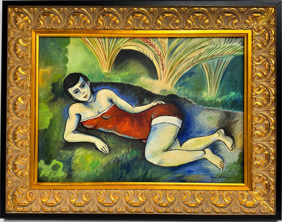 Henri Matisse French1869 -1954 oil on canvas in the style of Picasso Monet Van Gogh Era: This artwork is an oil on canvas measuring 19 x 27 inches, set within an intricately carved, gold-toned frame with rich detailing. The composition portrays a reclining figure of a woman dressed in a r
