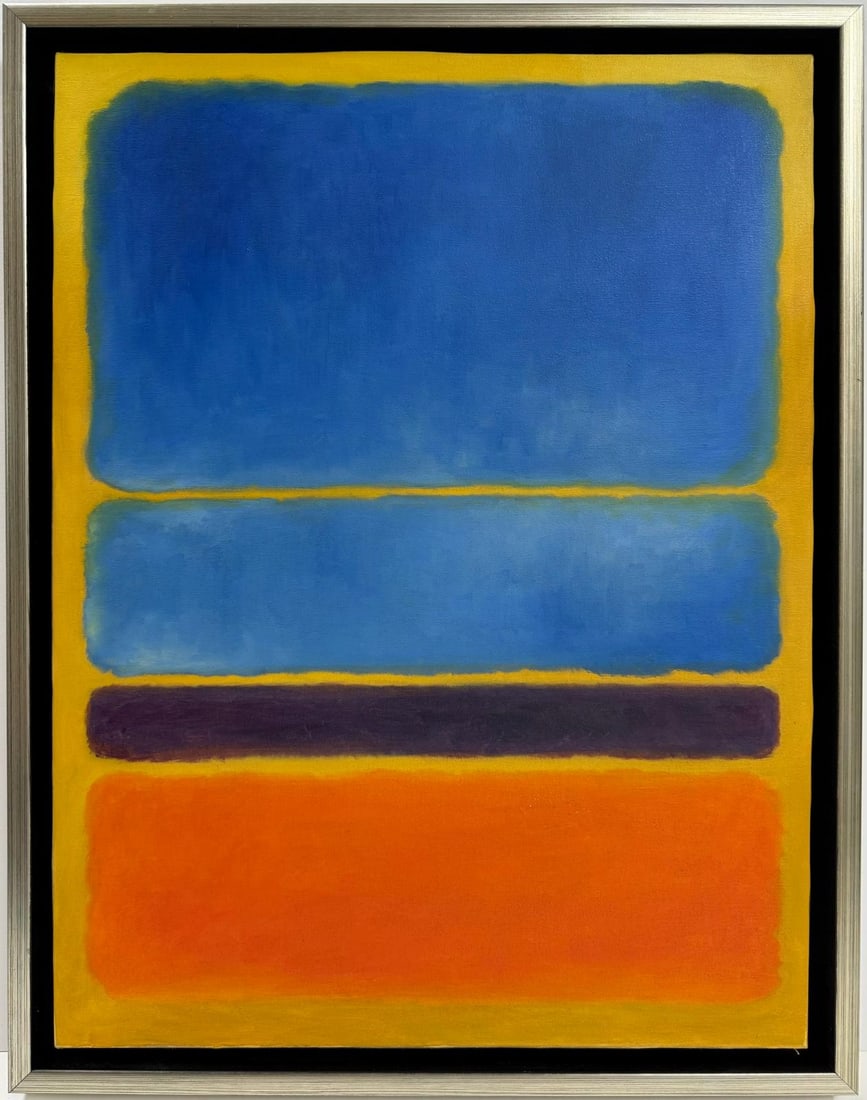 Mark Rothko Russian 1903 - 1970 Oil on canvas painting in the style of Pollock, Kline, de Kooning: Title:Untitled/Technique:Oil on canvas/Measures:26 x 20 inches/Collection:Private collection/Frame:The artwork is framed./Description:This oil on canvas piece features a harmonious arrangement of rect