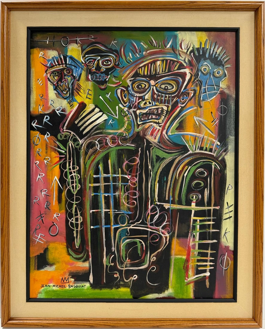 Jean Michel Basquiat Abstract In The Style of. Andy Warhol Era Mixed/Media on Paper.: Title:Untitled/Technique:Mixed media on canvas/Measures:26 x 20 inches/Collection:Private collection/Frame:The artwork is framed./Description:This mixed media on canvas artwork is an energetic and cha
