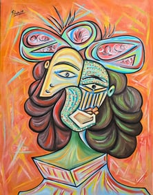 Pablo Picasso Spanish 1881-1973 Beautiful Oil On Canvas Painting In The Style Of. Dali Magritte, Era
