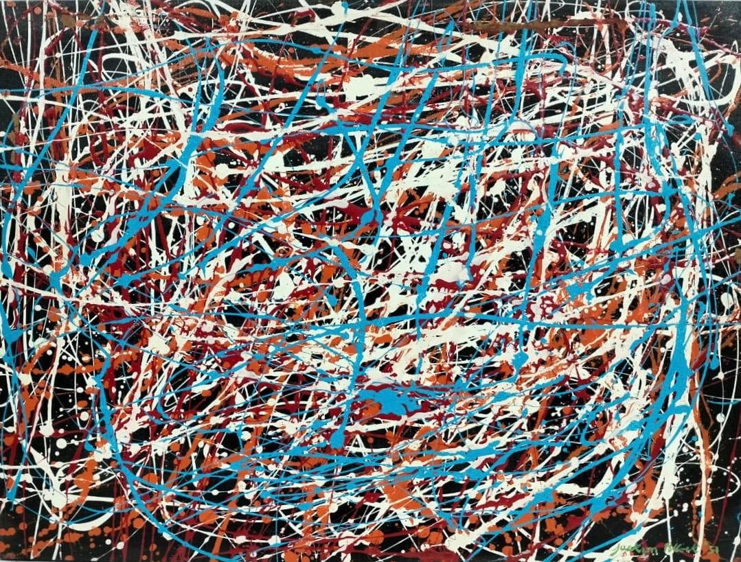 Jackson Pollock American Oil on canvas Painting In The Style of. Rothko Kline de Kooning O'Keeffe.: Title:No/Technique:Oil on canvas/Measures:23 x 31 inches/Collection:Private collection/Description:This dynamic abstract composition features an energetic interplay of color and movement. The artist u