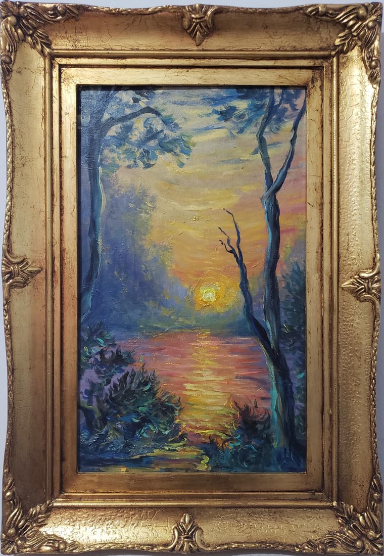 Claude Monet French 1840 - 1926 Oil on canvas Painting .Renoir Era. In the Style of: Title:No Title/Technique:Oil on canvas/Measurements:26 x 18 inches/Collection:Private collection/Description:This serene oil painting captures a radiant sunset over a peaceful body of water. The sky i