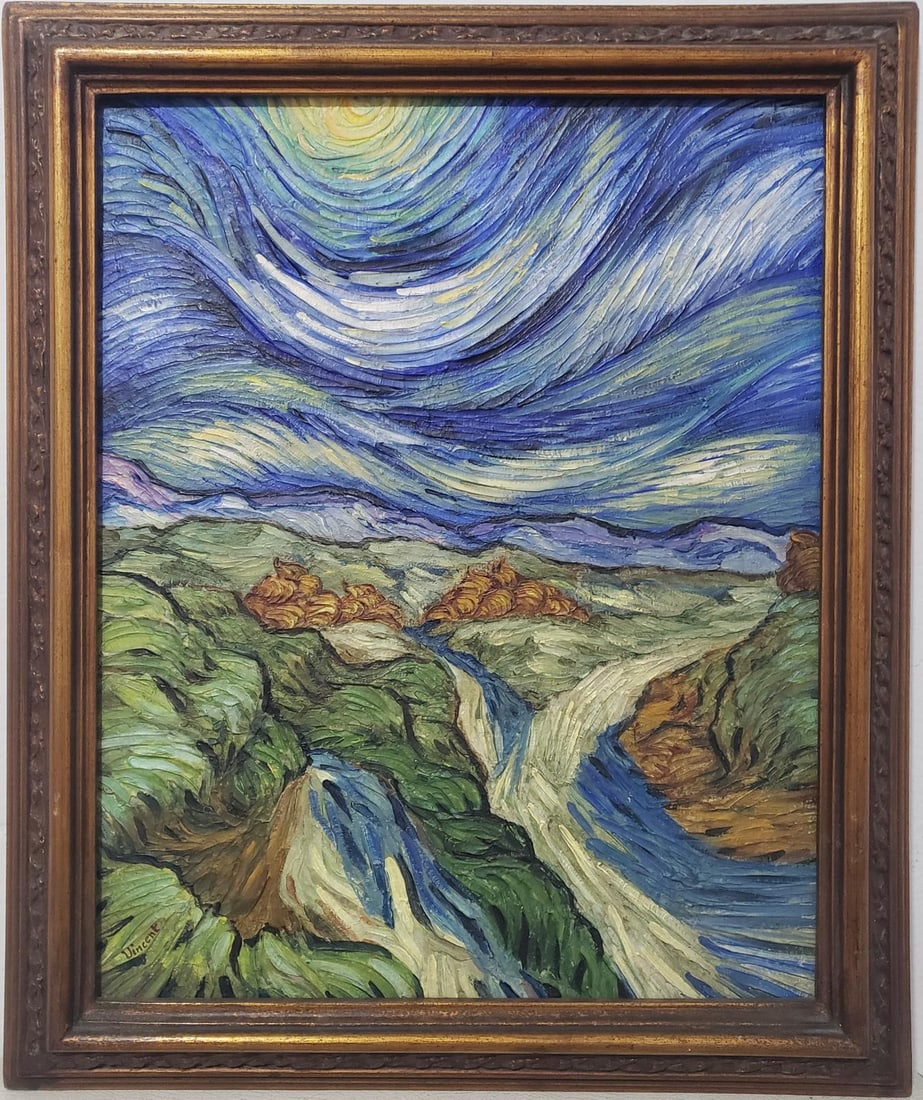 Vincent Van Gogh Dutch 1853-1890 Oil on Canvas painting in the style of Gaugin, Degas Era.: Title:No Title/Technique:Oil on canvas/Measurements:19 x 16 inches/Collection:Private collection/Description:This vibrant oil painting features a dynamic, swirling sky reminiscent of post-impressionis
