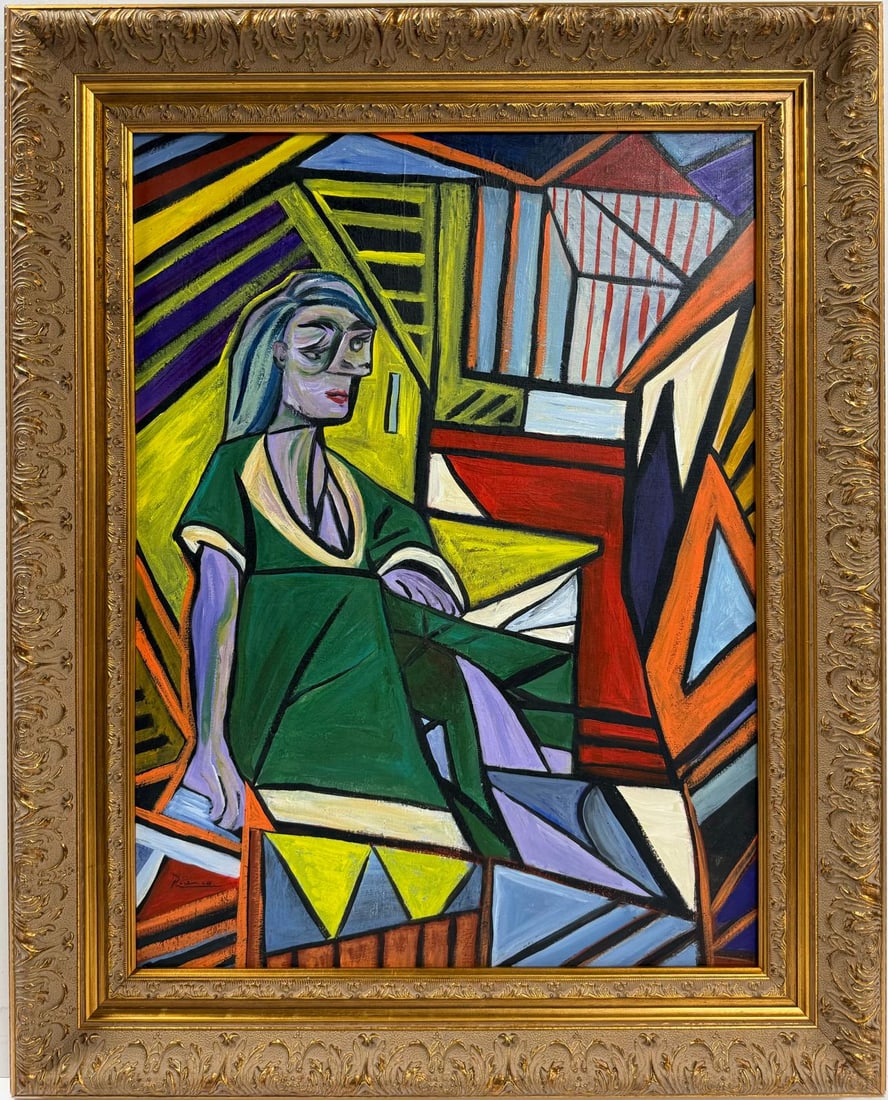 Pablo Picasso Spanish 1881-1973 Beautiful Oil On Canvas Painting in the style of Dali Magritte, Era: Title:No Title Technique:Oil on canvas Measurements:24 x 18 inches Collection:Private collection Description:This vibrant oil painting features a stylized female figure sitting in an abstract, geometr