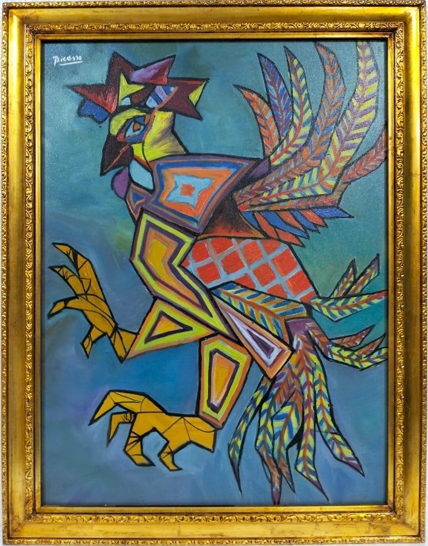 Pablo Picasso Spanish 1881-1973 Beautiful Oil On Canvas Painting in the style of Dali Magritte, Era: Title:The Rooster Technique:Oil on canvas Measurements:31 x 23 inches Collection:Private collection Description:This striking oil painting depicts a stylized, geometric rooster. The use of angular sha