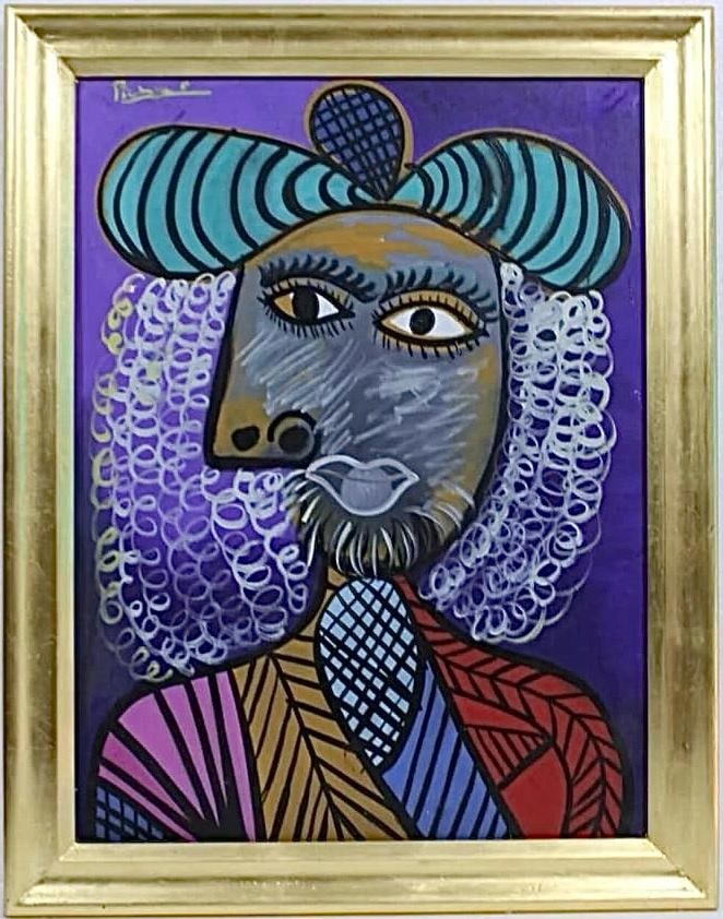 Pablo Picasso Spanish 1881-1973 Beautiful Oil On Canvas Painting in the style of Dali Magritte, Era: Title:Buste d'homme Technique:Oil on canvas Measurements:31 x 23 inches Collection:Private collection Description:Buste d'homme portrays a stylized male figure in a Cubist manner. The subject is depic
