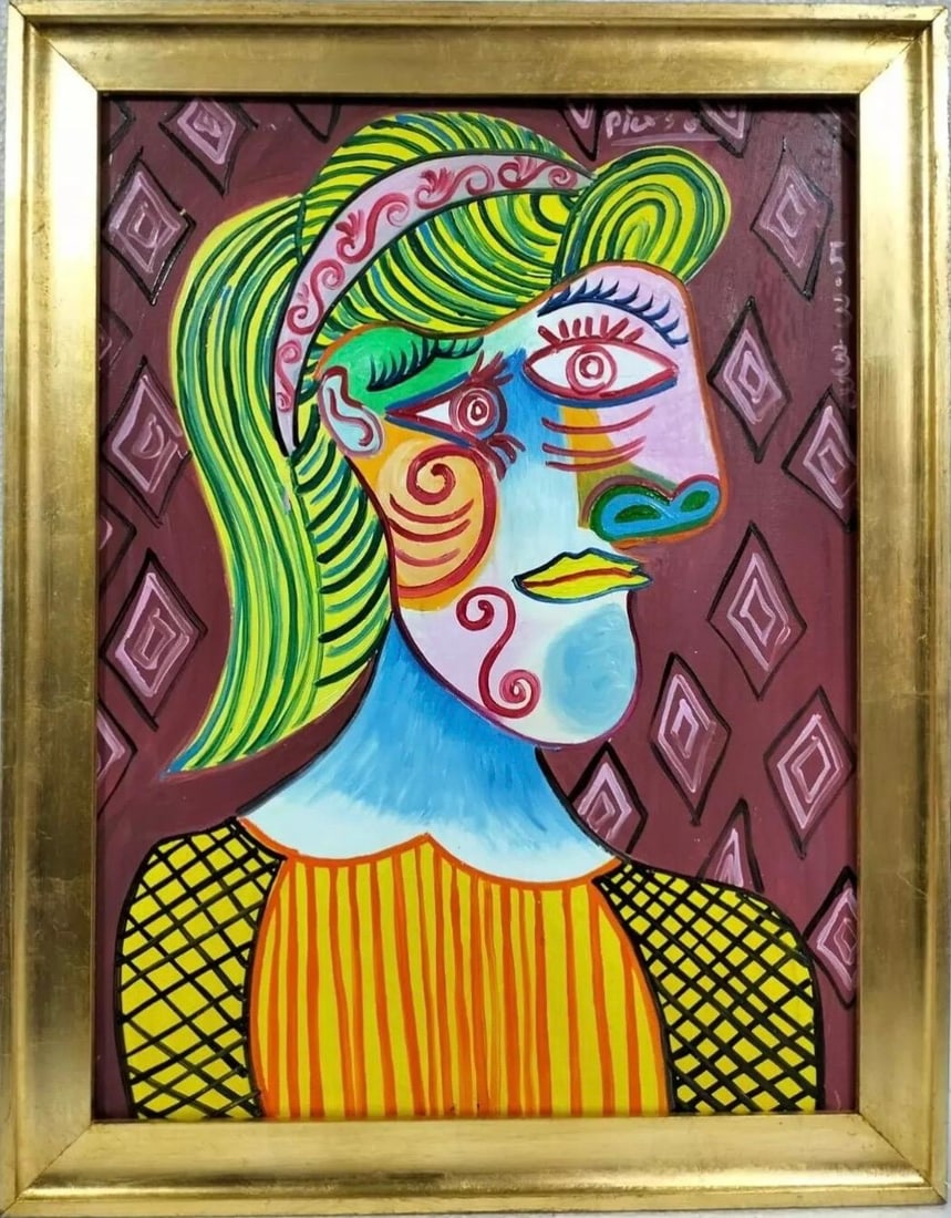 Pablo Picasso Spanish 1881-1973 Beautiful Oil On Canvas Painting in the style of Dali Magritte, Era: Title:Buste de femme Technique:Oil on canvas Measurements:31 x 23 inches Collection:Private collection Description:Buste de femme presents a stylized female figure in a vibrant and expressive Cubist c
