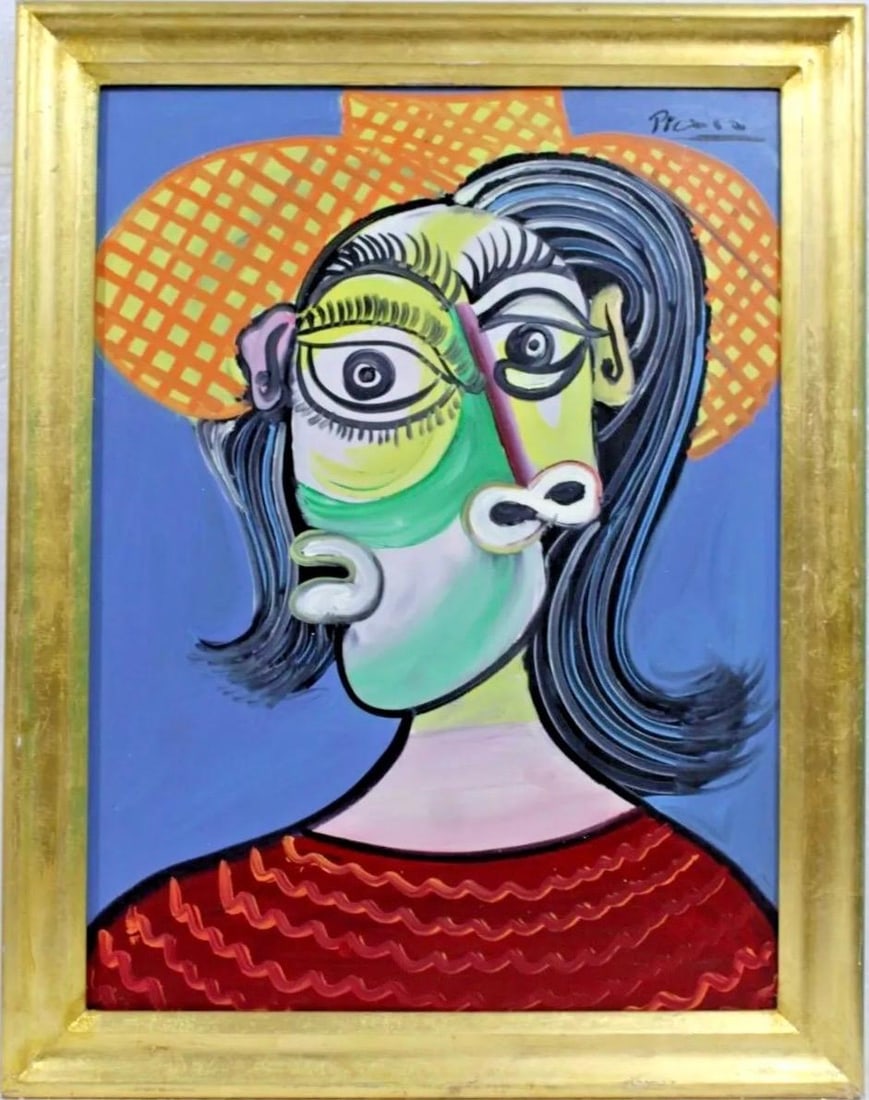 Pablo Picasso Spanish 1881-1973 Beautiful Oil On Canvas Painting in the style of Dali Magritte, Era: Title:Buste de femme Technique:Oil on canvas Measurements:31 x 23 inches Collection:Private collection Description:Buste de femme is a striking Cubist portrait featuring a woman rendered in bold color