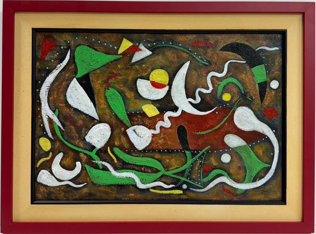Joan Miro Spanish 1893 - 1983 Oil on Canvas in the style of. Picasso, Dali, Chagall Era: Title:No Title Technique:Oil on canvas Measurements:15 x 22 inches Collection:Private collection Description:This abstract composition features an array of organic shapes and dynamic lines set against