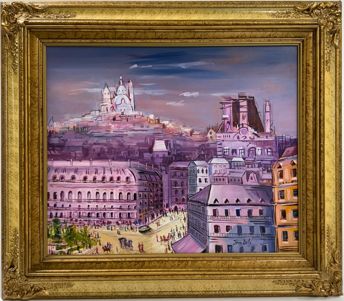 Jean Duffy French Oil on Canvas Painting in the style of Picasso , Dali , Magritte Era: Title:Panorama de la Ville (City Panorama) Technique:Oil on canvas Measures:19 x 23 inches Collection:Private collection Frame:The artwork is framed. Description:This oil on canvas painting portrays a