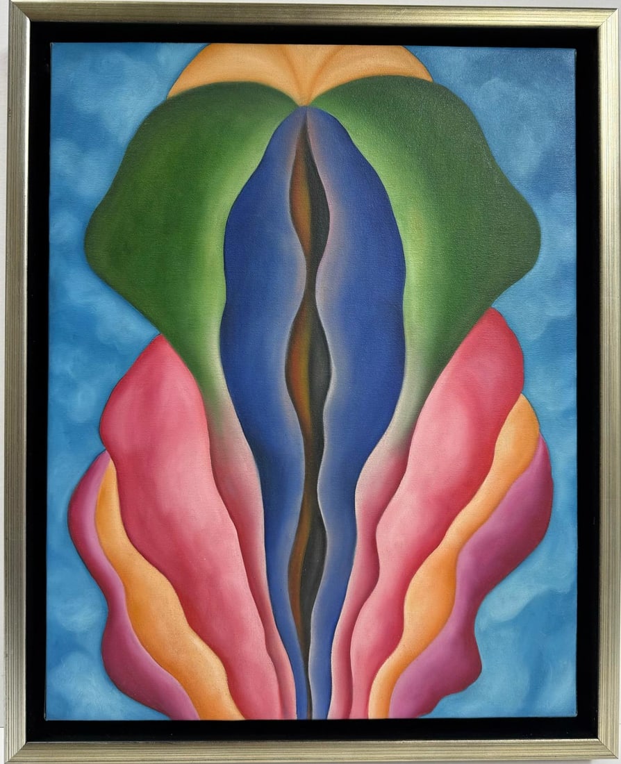 Georgia O'Keeffe American 1887 - 1986 Oil On Canvas Painting in the style of, Pollock , Picasso Era: Title:No Title Technique:Oil on canvas Measurements:18 x 14 inches Collection:Private collection Description:This abstract floral-inspired artwork features soft, organic shapes that radiate from a cen