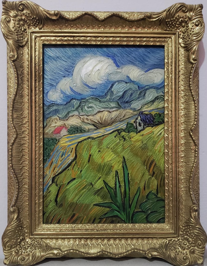 Vincent Van Gogh Dutch 1853-1890 Oil on Canvas painting in the style of.Gaugin, Degas Era.: Title:Landscape Technique:Oil on canvas Dimensions:18 x 14 inches Collection:Private collection Description:This vibrant landscape painting features bold, expressive brushstrokes that capture the roll
