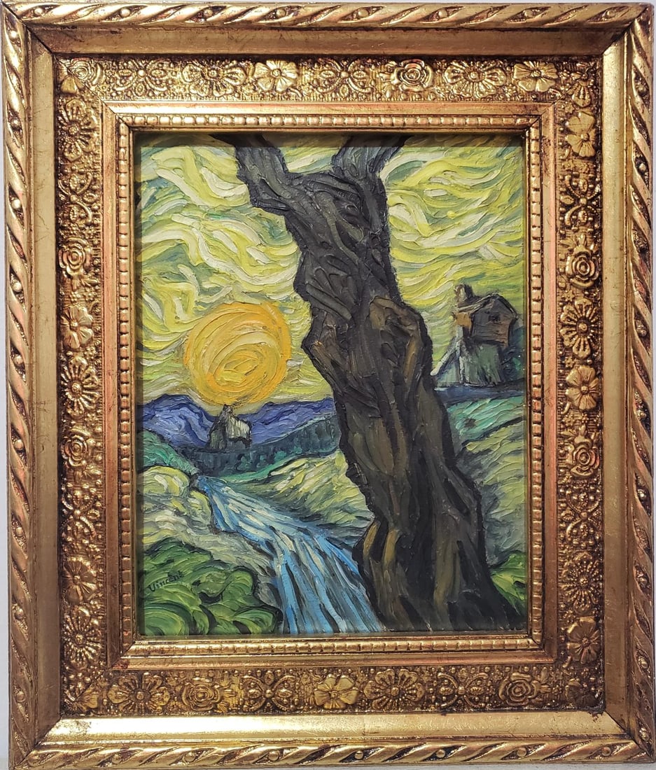 Vincent Van Gogh Dutch 1853-1890 Oil on Canvas painting in the style of.Gaugin, Degas Era.: Title:No title Technique:Oil on canvas Dimensions:16 x 13 inches Collection:Private collection Description:This vibrant painting captures a swirling landscape filled with dynamic energy. A towering tr