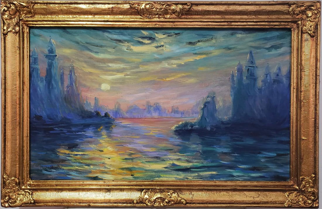 Claude Monet French 1840 - 1926 Oil on canvas Painting in the style of Renoir Manet Pissarro Era.: Title:No title Technique:Oil on canvas Dimensions:22 x 33 inches Collection:Private collection Description:This atmospheric painting depicts a serene sunset over water, with towering, ethereal structu