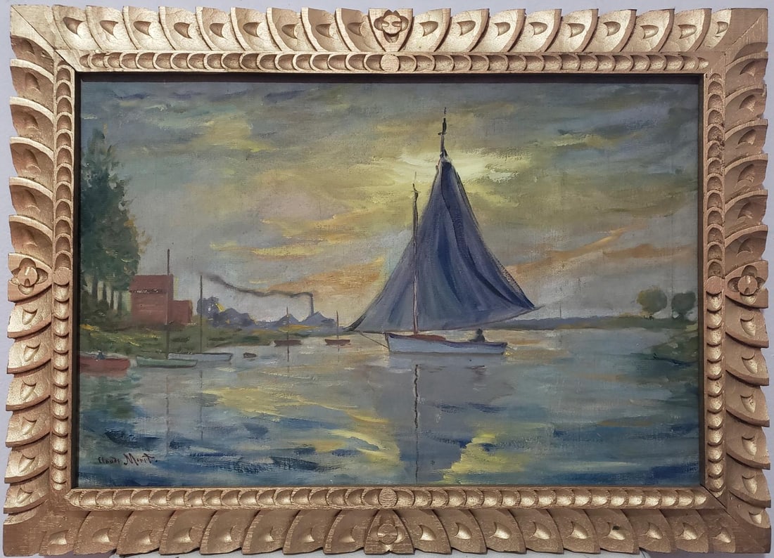 Claude Monet French 1840 - 1926 Oil on canvas Painting in the style of Renoir Manet Pissarro Era.: Title:No title Technique:Oil on canvas Dimensions:19 x 27 inches Collection:Private collection Description:This serene seascape captures a sailboat at rest on a calm body of water, its large sails cat