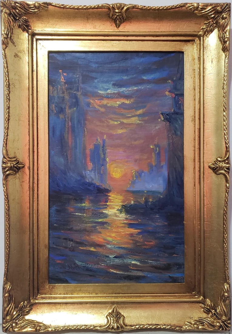 Claude Monet French 1840 - 1926 Oil on canvas Painting in the style of Renoir Manet Pissarro Era.: Title:No title Technique:Oil on canvas Dimensions:26 x 18 inches Collection:Private collection Description:This striking oil painting captures a radiant sunset as it casts a warm golden light across a