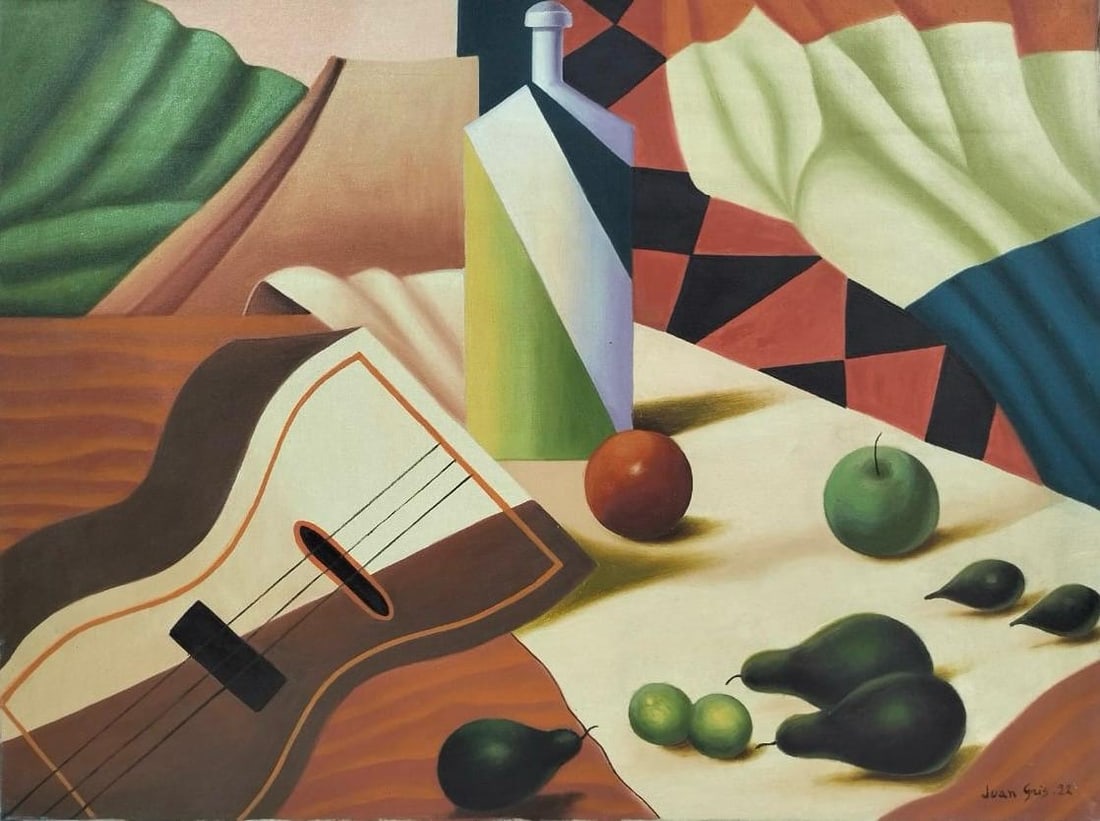 Juan Gris Spanish 1887-1927 Oil On Canvas in the style of Painting. Dali, Magritte, Chagall Era: Title:No Title Technique:Oil on canvas Measurements:23 x 31 inches Collection:Private collection Description:This still life composition combines elements of Cubism with soft, fluid forms. The central