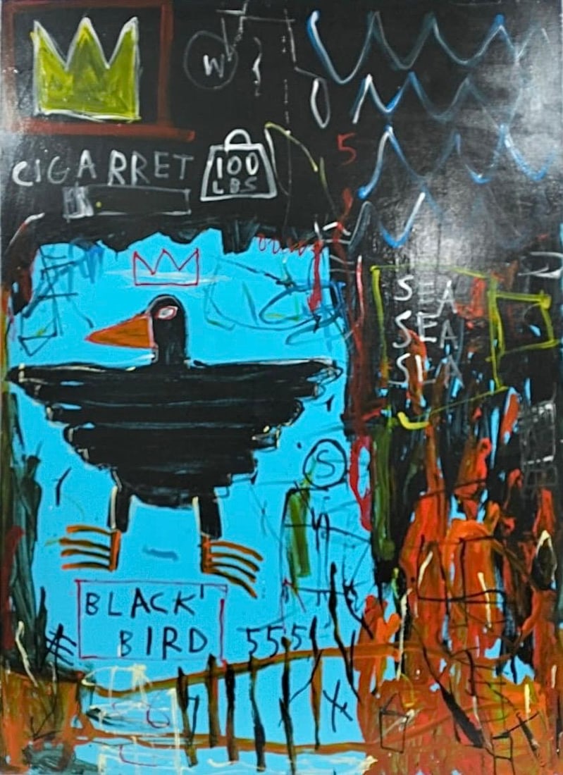Jean Michel Basquiat Neo Expressionist In The Style of. Pollock Andy Warhol Era Acrylic on Canvas: Title:No title Technique:Oil on canvas Measurements:43.5 x 31.5 inches Collection:Private collection Description:This expressive, large-scale artwork features a dynamic and chaotic composition reminis