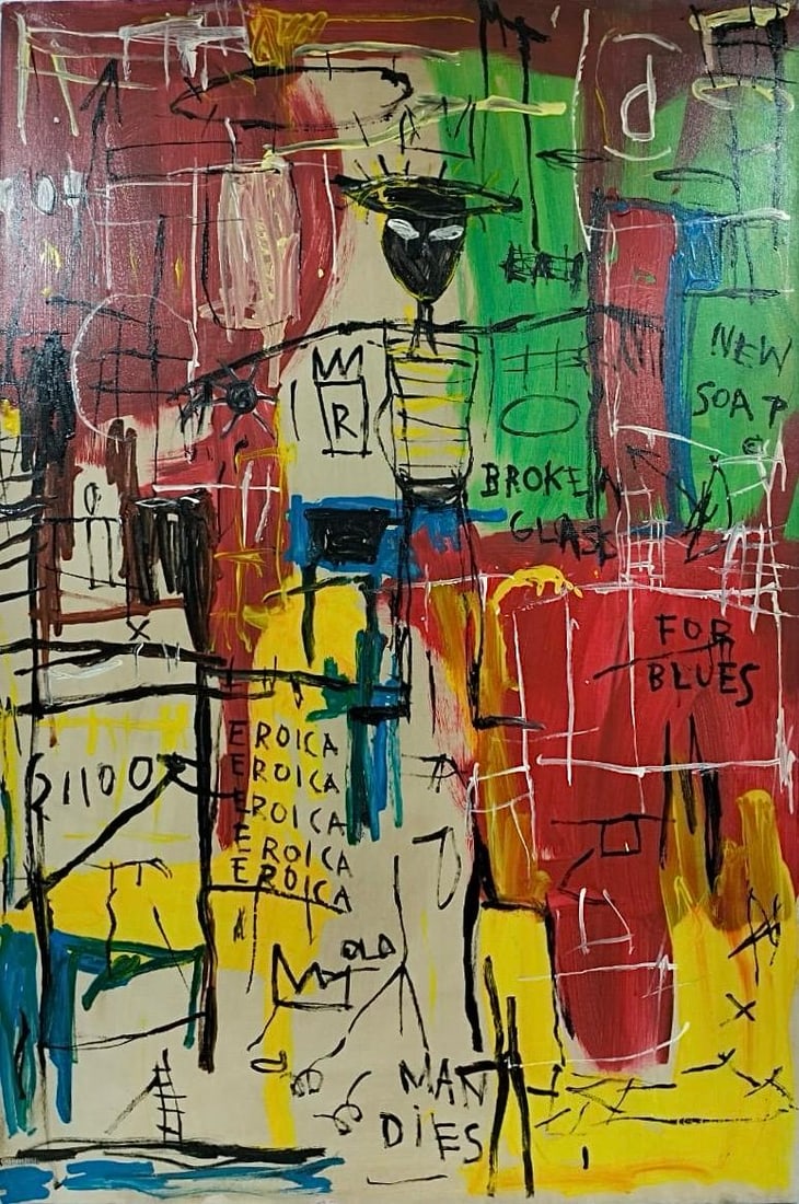 Jean Michel Basquiat Neo Expressionist In The Style of. Pollock Andy Warhol Era Acrylic on Canvas: Title:No title Technique:Acrylic on canvas Measurements:47 x 31 inches Collection:Private collection Description:This acrylic painting is a vivid and chaotic expression of abstract and street art infl