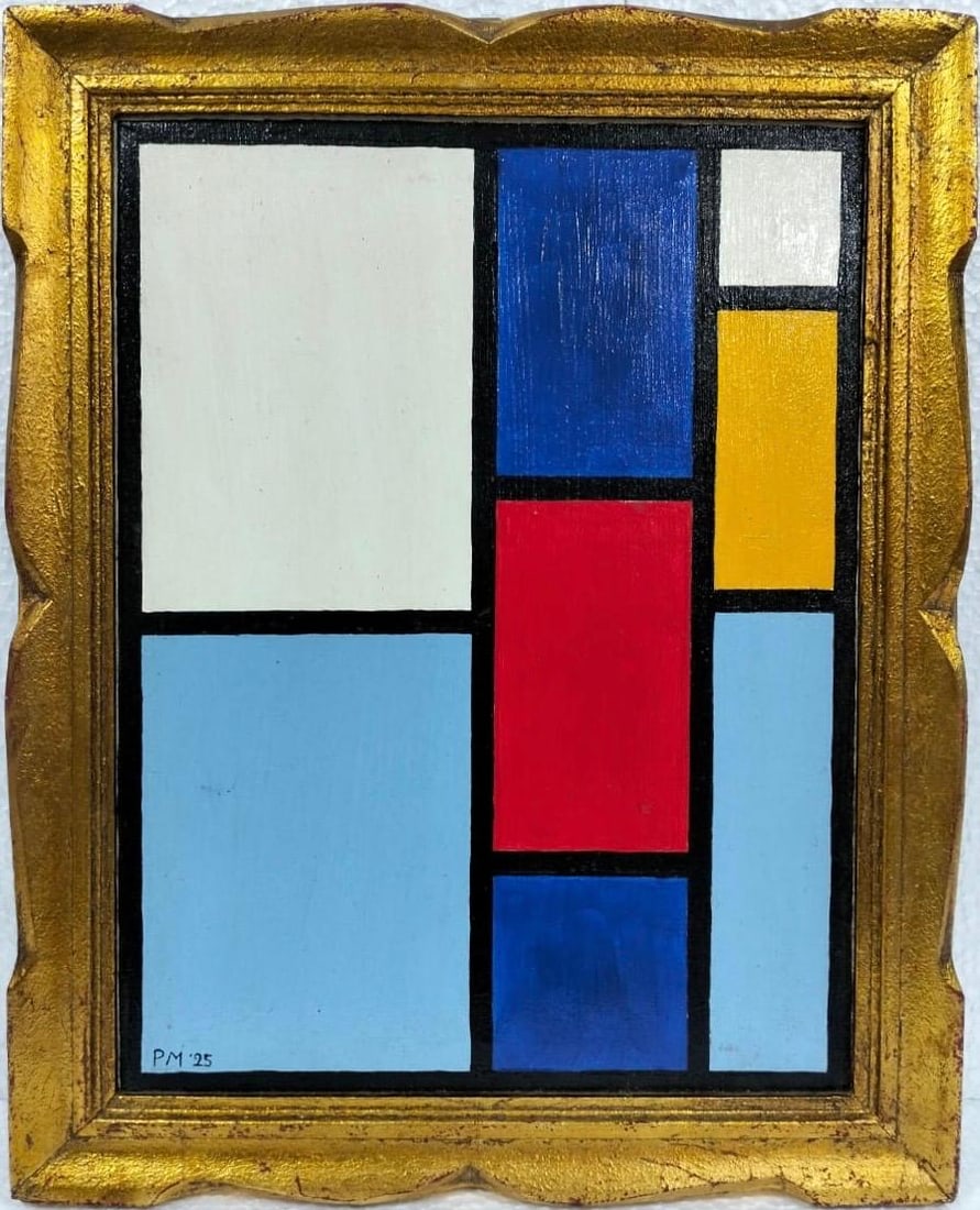 Piet Mondrian Dutch 1872- 1911 Oil on Canvas Painting in the style of. Kandinsky, Malevich Era: Title:No title Technique:Crayon on paper Measurements:18 x 14 inches Collection:Private collection Description:This geometric abstract artwork follows the strict compositional format of vertical and h