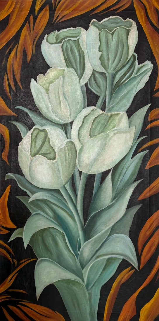 Georgia O'Keeffe American 1887 - 1986 Oil On Canvas Painting in the style of, Pollock , Picasso Era: Title:No Title/Technique:Oil on canvas/Measures:31 x 16 inches/Collection:Private collection/Description:This oil on canvas painting features a striking floral composition with a cluster of large, sof