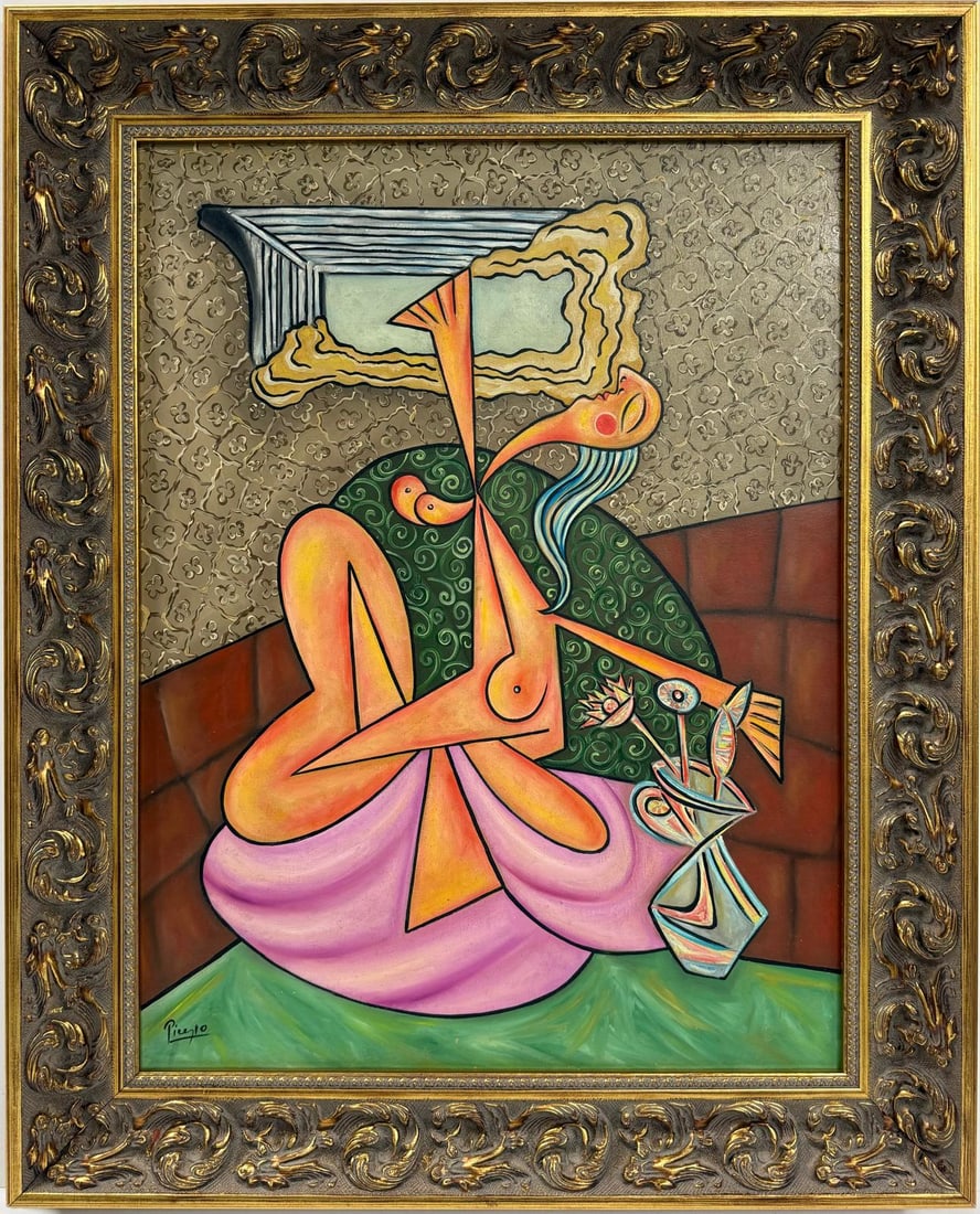 Pablo Picasso Spanish 1881-1973 Beautiful Oil On Canvas Painting in the style of Dali Magritte, Era: Title:No title Technique:Oil on canvas Dimensions:26 x 20 inches Collection:Private collection Description:This intriguing artwork features a stylized, abstracted human figure seated against a texture