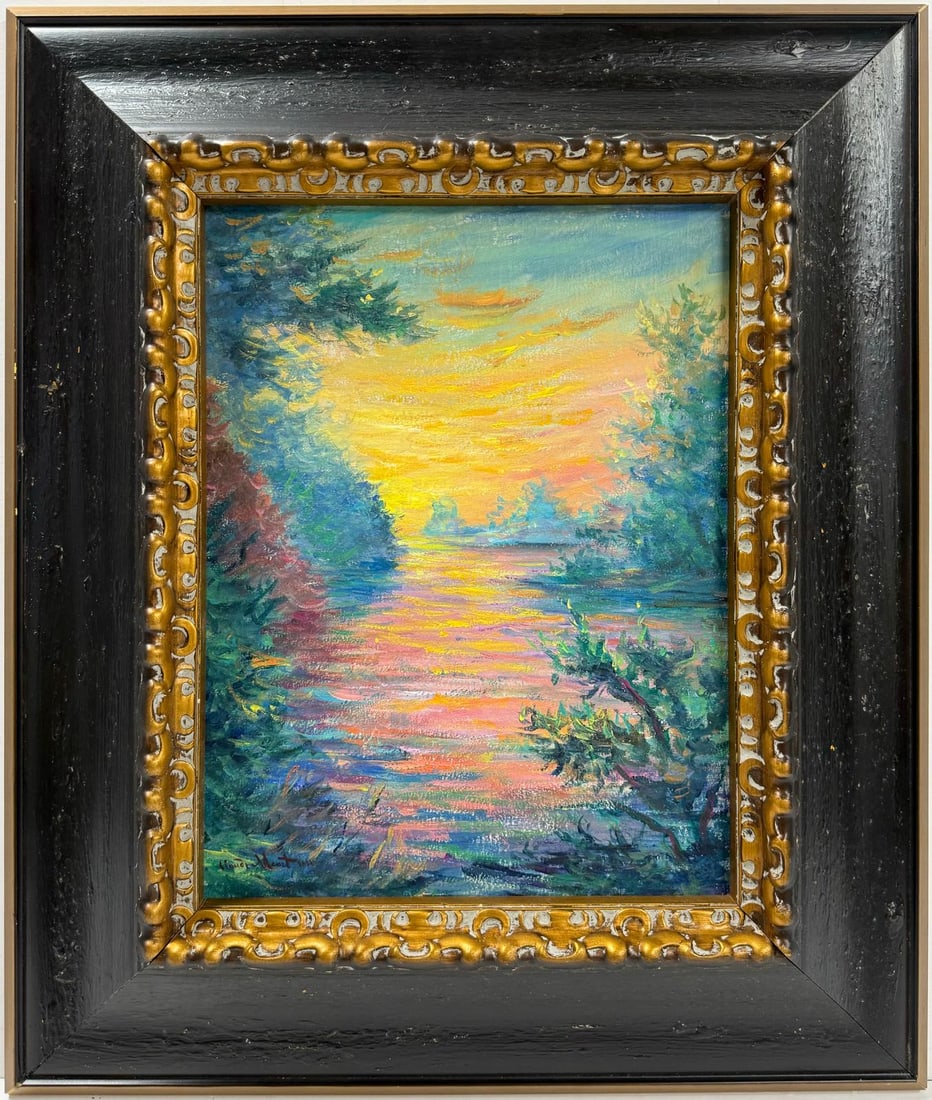 Claude Monet French 1840 - 1926 Oil on canvas Painting in the style of Renoir Manet Pissarro Era.: Title:No title Technique:Oil on canvas Dimensions:16 x 12 inches Collection:Private collection Description:This tranquil oil painting captures a vibrant sunset reflecting over a serene waterway, frame