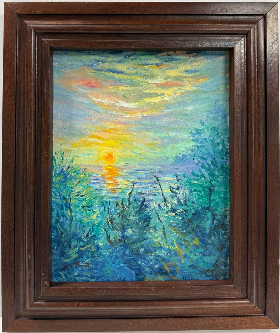 Claude Monet French 1840 - 1926 Oil on canvas Painting in the style of Renoir Manet Pissarro Era.: Title:No title Technique:Oil on canvas Dimensions:16 x 12 inches Collection:Private collection Description:This evocative oil painting captures the tranquil beauty of a sunset over a lake. Rich, vibra