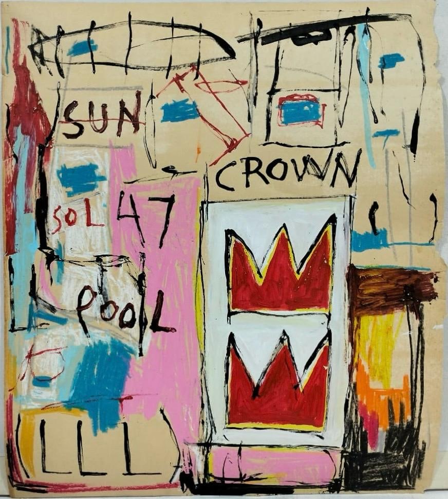 Jean Michel Basquiat Neo Expressionist In The Style of. Pollock Andy Warhol Era Mixed Media on Paper: Title:No title Technique:Mixed media on paper Dimensions:24 x 21 inches Collection:Private collection Description:This expressive piece features a vibrant mix of colors and abstract forms. Bold black 