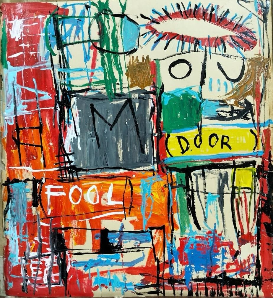 Jean Michel Basquiat Neo Expressionist In The Style of. Pollock Andy Warhol Era Mixed Media on Paper: Title:No title Technique:Mixed media on paper Dimensions:24 x 22 inches Collection:Private collection Description:This mixed media piece captures an energetic and layered composition characteristic of