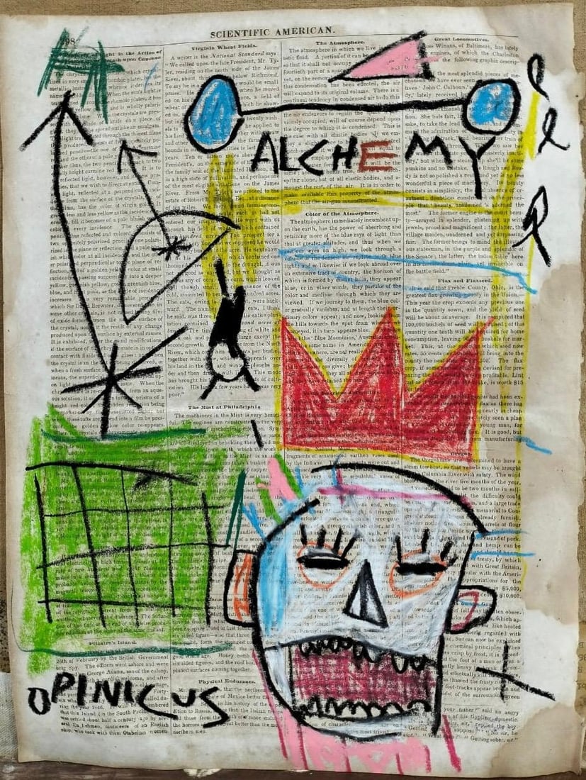 Jean Michel Basquiat Neo Expressionist In The Style of. Pollock Andy Warhol Era Mixed Media on Paper: Title:No title Technique:Mixed media on paper Dimensions:14 x 11 inches Collection:Private collection Description:This piece incorporates various mixed media elements on an old "Scientific American" p