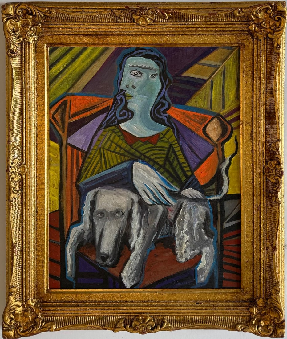 Pablo Picasso Spanish 1881-1973 Beautiful Oil On Canvas Painting in the style of Dali Magritte, Era: Title: No title Technique: Oil on canvas Dimensions: 20 x 15 inches Collection: Private collection Description:This artwork portrays a seated figure with an elongated face and calm expression, rendere