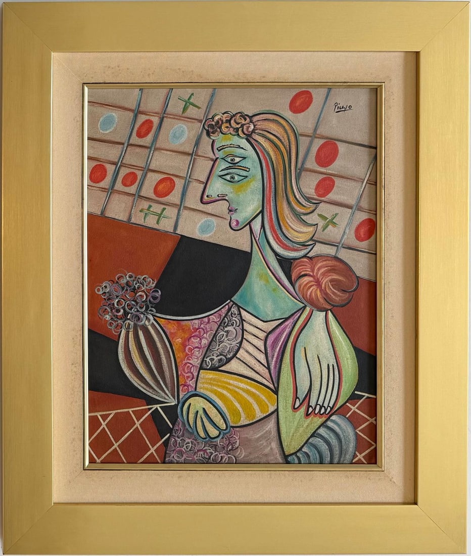 Pablo Picasso Spanish 1881-1973 Beautiful Oil On Canvas Painting in the style of Dali Magritte, Era: Title: Modernist Muse Medium: Oil on Canvas Dimensions: 24 x 20 inches Collection: Private Collection Framed: No Description: Modernist Muse is a vividly colorful and stylistically bold painting that 