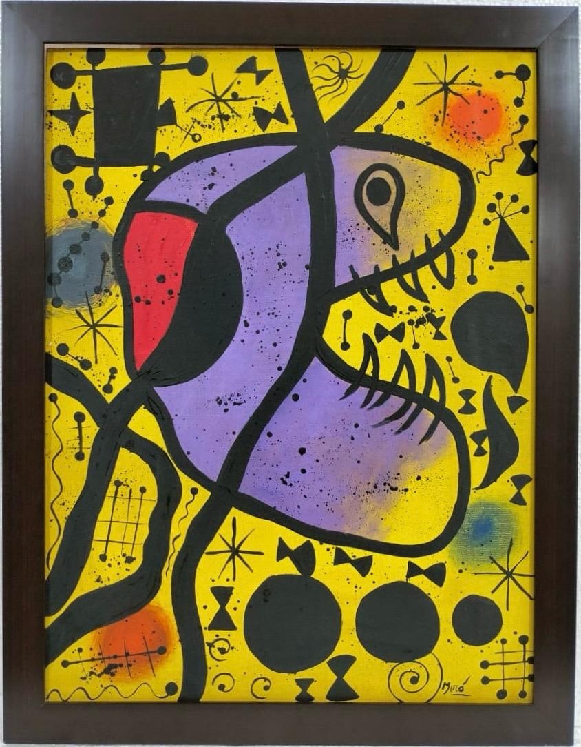Joan Miro Spanish 1893 - 1983 Oil on Canvas in the style of. Dali Picasso Magritte Chagall Era: Title: THE DRAGON Technique: Oil on canvas Dimensions: 31 x 23 inches Collection: Private collection Description:This vibrant oil on canvas features bold, abstract forms and a rich, dynamic color pale