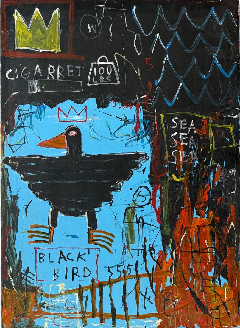 Jean Michel Basquiat Neo Expressionist In The Style of. Pollock Andy Warhol Era Acrylic on Canvas: Title:No title Technique:Oil on canvas Measurements:43.5 x 31.5 inches Collection:Private collection Description:This expressive, large-scale artwork features a dynamic and chaotic composition reminis