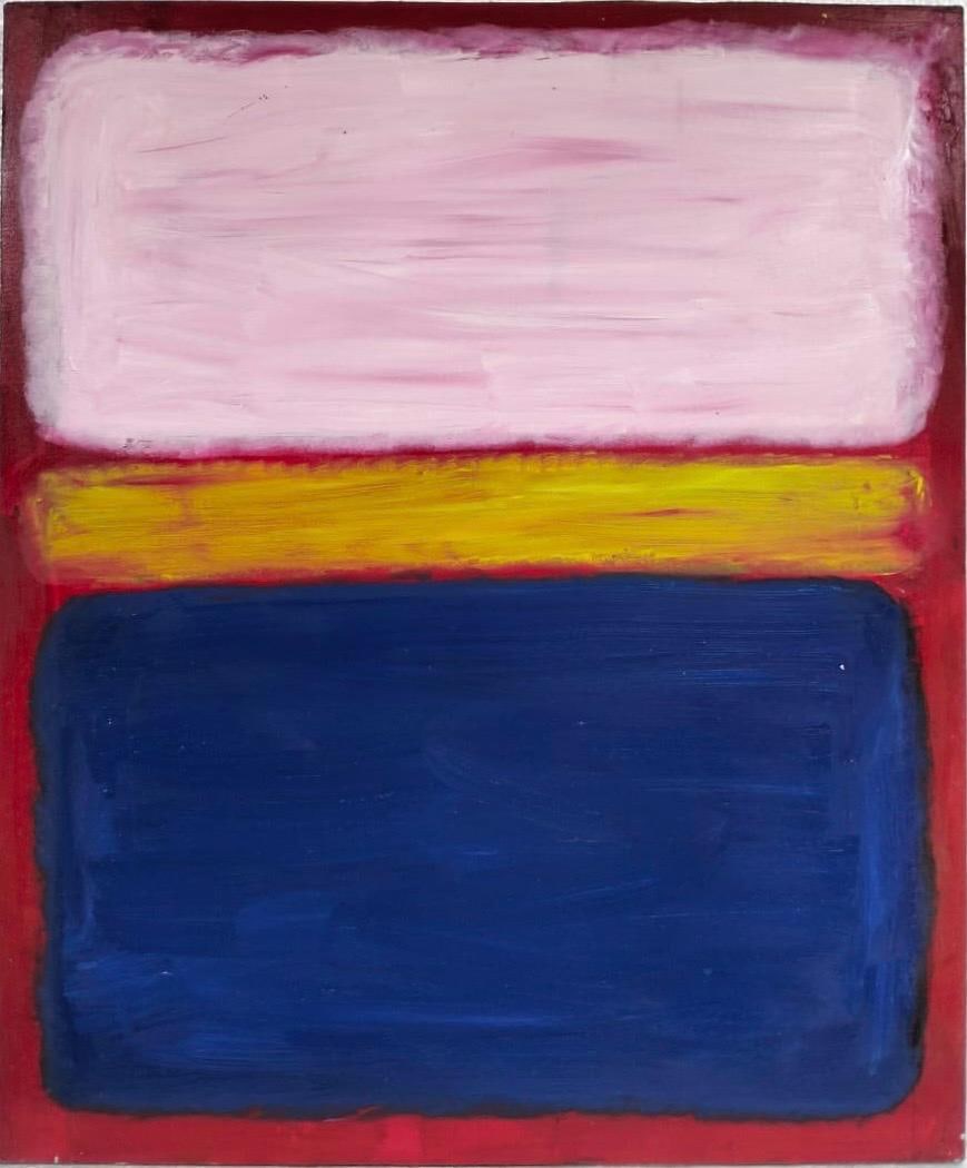 Mark Rothko Russian / American 1903 - 1970 In The Style of Oil on canvas painting Pollock: Title: Blue, Yellow, Pink Technique: Oil on canvas Dimensions: 42 x 35 inches Collection: Private collection Description:This abstract painting features a striking composition of color fields that evo