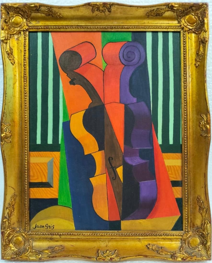 Juan Gris Spanish 1887-1927 Oil On Canvas in the style of Painting. Dali, Magritte, Chagall Era: Title: Violon et guitare Technique: Oil on canvas Dimensions: 17 x 13 inches Collection: Private collection Description:This captivating piece showcases a vibrant cubist approach, depicting a violin f