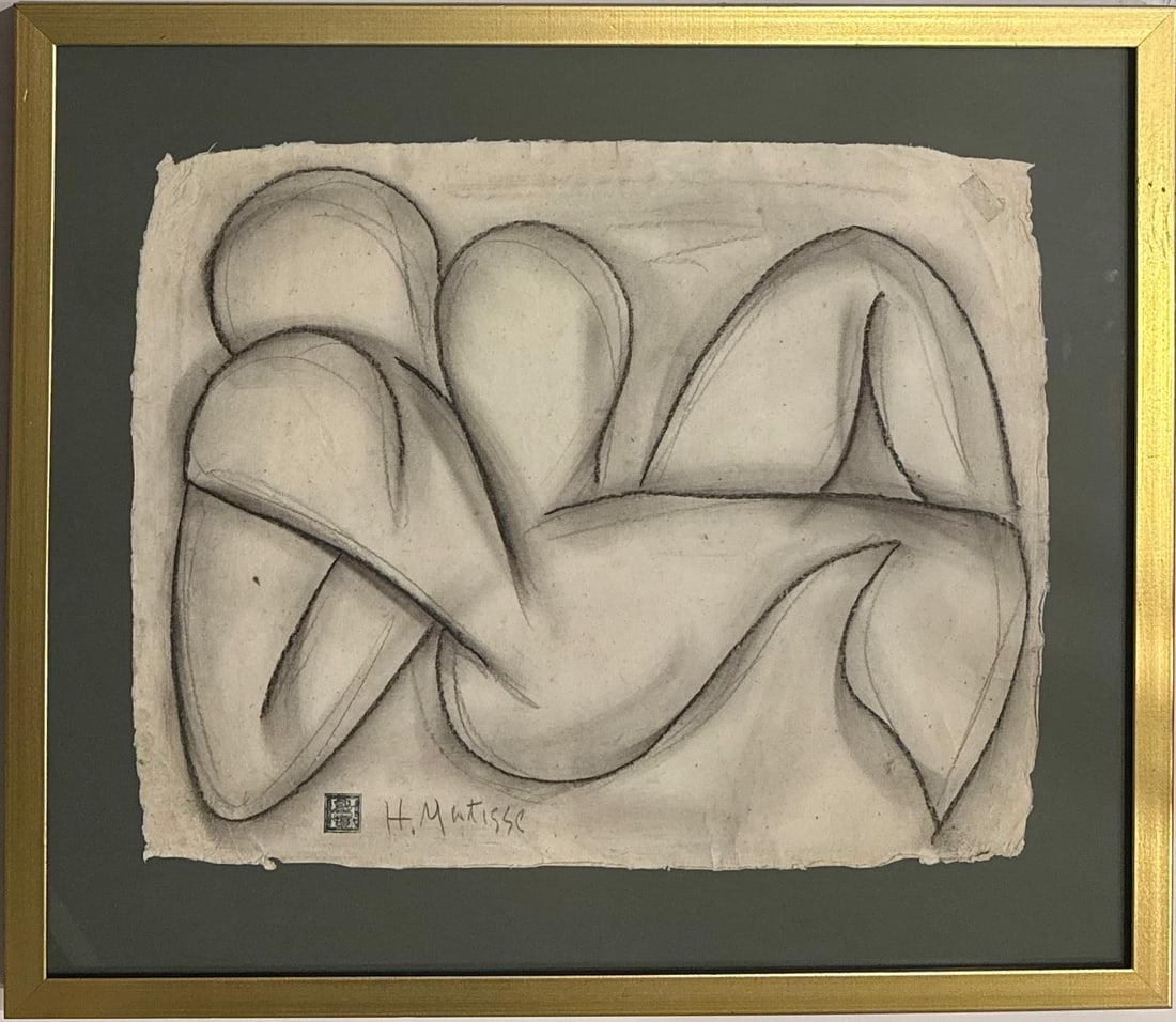 Henri Matisse French1869 -1954 Crayon on Paper in the style of Picasso Monet Van Gogh Era: Title:No title Technique:Crayon on paper Measurements:18 x 23 inches Collection:Private collection Description:This expressive crayon drawing depicts a reclining nude figure in abstract form, with flu
