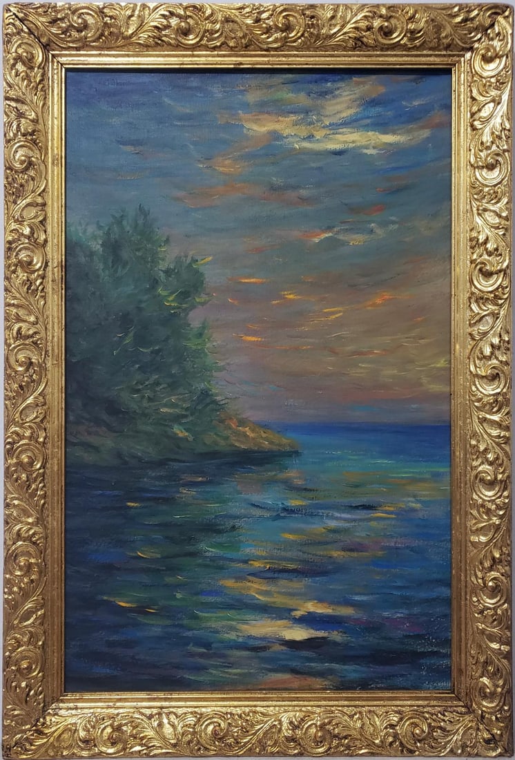 Claude Monet French 1840 - 1926 Crayon on paper Painting in the style of Renoir Manet Pissarro Era.: Title: Untitled Technique: Oil on canvas Dimensions: 24 x 16 inches Collection: Private Collection Description:This atmospheric oil painting presents a tranquil seascape at dusk. The sky transitions f