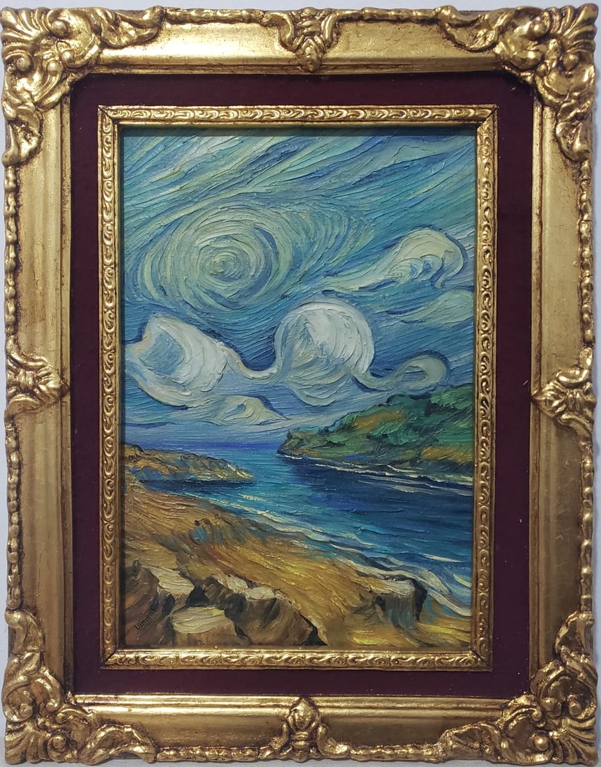 Vincent Van Gogh Dutch 1853-1890 Oil on Canvas painting in the style of .Gaugin, Degas Era.: Title: Leegezicht (Landscape) Technique: Oil on canvas Dimensions: 18 x 14 inches Collection: Private Collection Description:This captivating oil painting features a swirling, dynamic sky above a sere