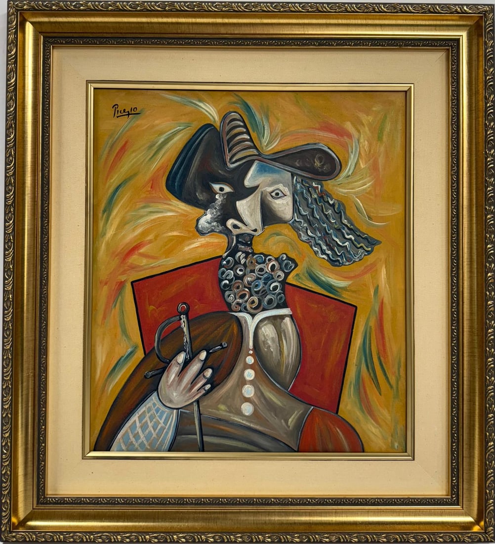 Pablo Picasso Spanish 1881-1973 Beautiful Oil On Canvas Painting in the style of Dali Magritte, Era: Title:No title Technique:Oil on canvas Dimensions:16 x 14 inches Collection:Private collection Description:This striking portrait employs a cubist style to depict a figure in flamboyant attire, comple