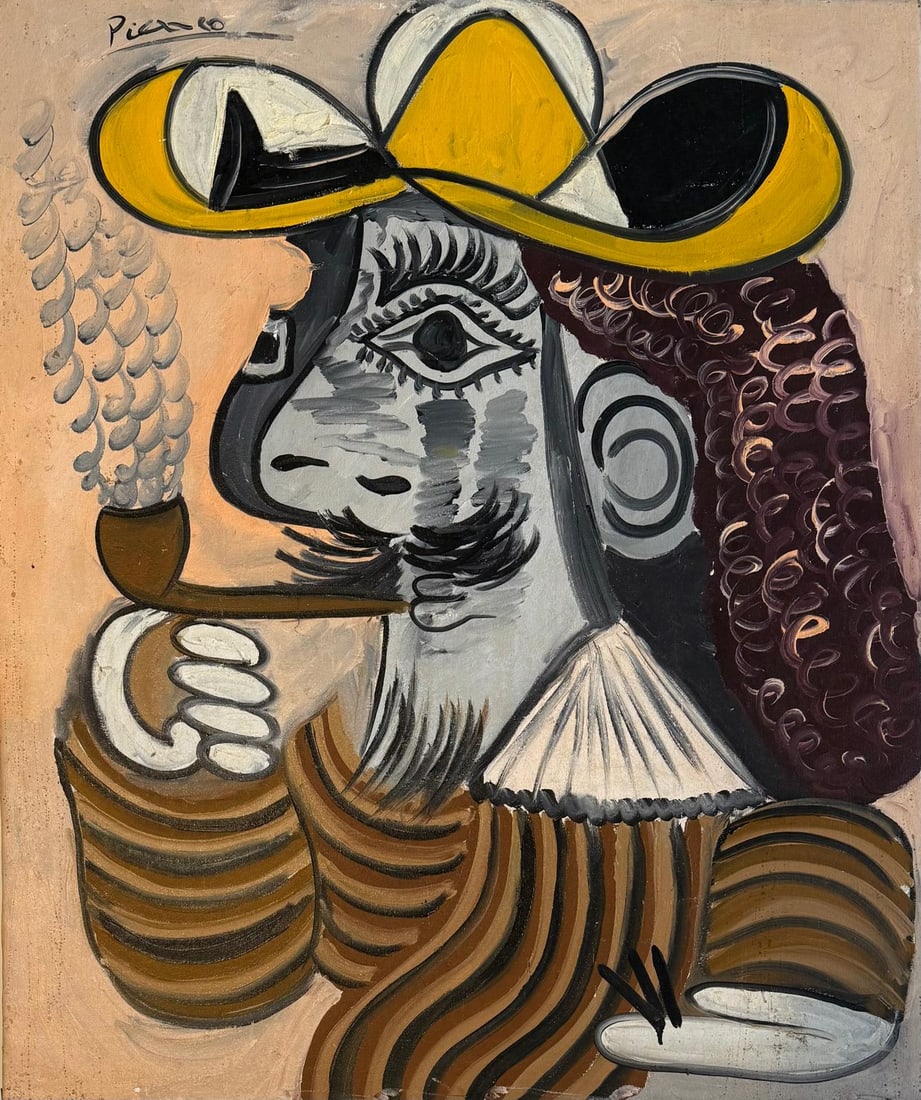 Pablo Picasso Spanish 1881-1973 Beautiful Oil On Canvas Painting in the style of Dali Magritte, Era: Title: Buste d'Homme Technique: Oil on canvas Dimensions: 39 x 33 inches Collection: Private Collection Description:"Buste d'Homme" is a compelling oil painting that captures the essence of cubist por