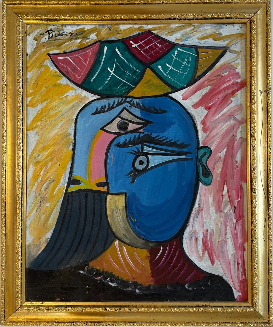 Pablo Picasso Spanish 1881-1973 Beautiful Oil On Canvas Painting in the style of Dali Magritte, Era: Title: Untitled Technique: Oil on canvas Dimensions: 30 x 24 inches Collection: Private Collection Description:This untitled oil painting is a vibrant exploration of form and color, encapsulating the 